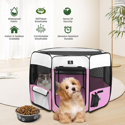 X-ZONE PET Dog Playpen Portable Pet Play Pens for Puppies, Cat, Rabbit, Chicks, Foldable Exercise Play Tent Kennel Crate, Indoor/Outdoor Travel Camping Pink Small
