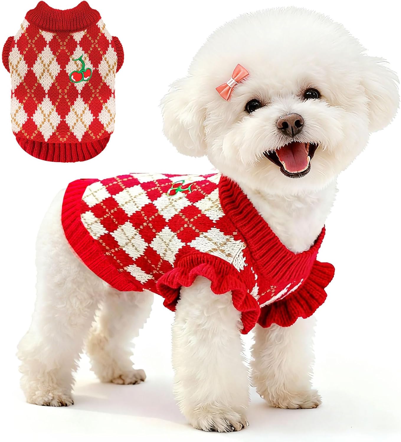 BAEJMJK Cute Cherry Small Dog Sweater Soft Girl Dog Clothes Turtleneck Warm Pet Puppy Knitted Pullover Princess Dogs Cats Outfits(Red Cherry A,X-Small)