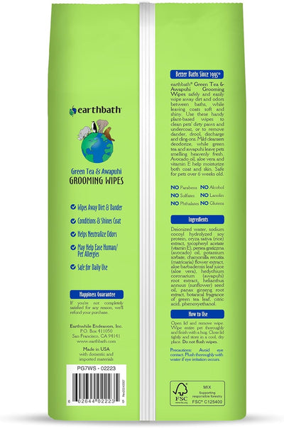 earthbath, Green Tea & Awapuhi Grooming Wipes - Dog Wipes for Paws and Butt, Best Pet Wipes for Dogs & Cats, Made in USA, Cruelty-Free Dog Cleaning Wipes, Removes Dirt & Dander - 100 Count (2 Pack)