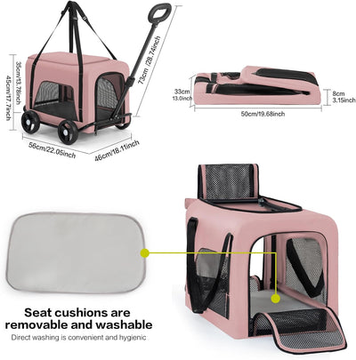 Pet Stroller 4 Wheels - Easy-Fold Dog Cat Stroller for Small Medium Dog Cats Carrier, Travel Folding Carrier Breathable and Visible Mesh with Cup Holder（Pink）