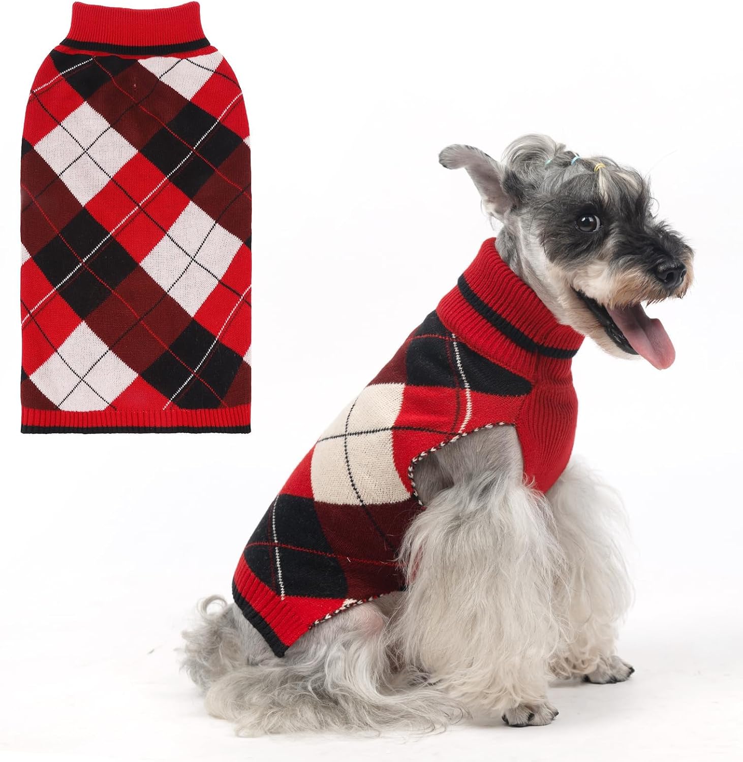 KOOLTAIL Valentine Dog Sweater Pet Knitted Clothes - Classic Pink Plaid Pullover Turtleneck Thick Warm Dog Sweaters with Leash Hole, Soft Winter Coats for Small Medium Large Dogs Cats Puppy Girls, S