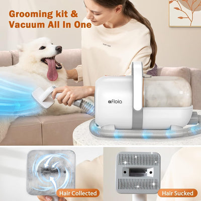Afloia 6-in-1 Dog Grooming Kit, Pet Grooming Vacuum for Shedding, Dog Hair Vacuum with Clipper Nail Trimmer Grinder, Pet Brush Groomer at Home, Low Noise Cats Hair Remover, 1.5L Dust Cup, White