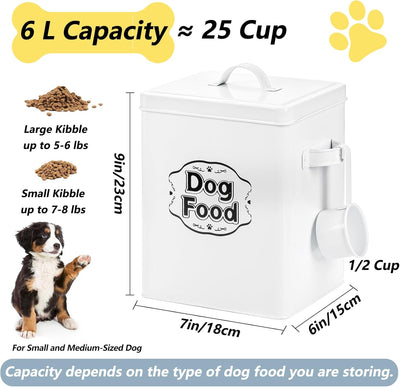 Youeon 5 Lbs- 25 Cup Metal Dog Food Storage Container with Lid and Scoop, Airtight Dog Treat Container, Farmhouse Pet Food Storage Container, Cute Dog Food Canister, Gift for Dogs and Owners, White