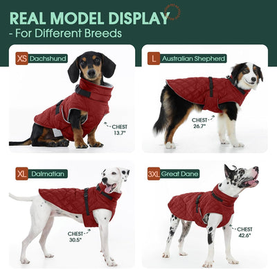 Kuoser Dog Coat Warm Fleece Lining Turtleneck Dog Jacket with Harness Built-in, Adjustable Windproof Cold Weather Coats with Quick Release Buckle Pet Winter Snowsuit for Large Dogs, Red XL