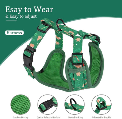 Beirui Christmas Dog Collars, Harnesses & Leashes Set - Cute Girl Dog Collar and Leash Set with Flower - Soft Mesh Dog Vest Harness for Puppies Small & Extra Small Dogs(Christmas Green,S)