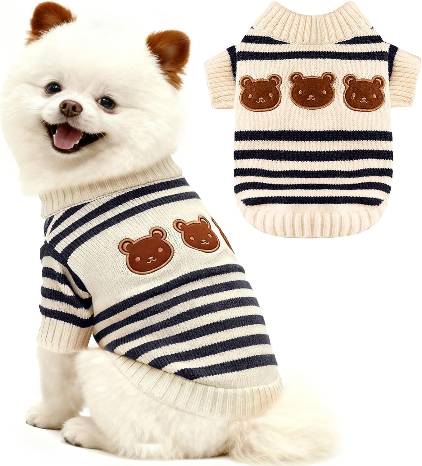 Dog Sweaters for Small Dogs with Cute Bear Pattern, Striped Soft Stretchable Warm Puppy Clothes for Small Dogs Cats, French Bulldog, Chihuahua for Winter