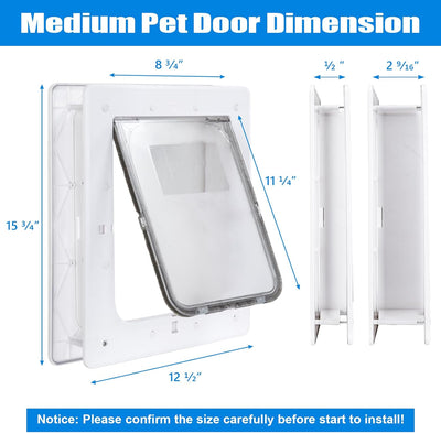 Pet Door, Durable Plastic Dog Door, 8.5”x 11.5” Inner Frame for Medium Dog and Pets, Easy DIY Installation, Suitable for Interior and Exterior Doors, Screen and Wall, White Doggie Door