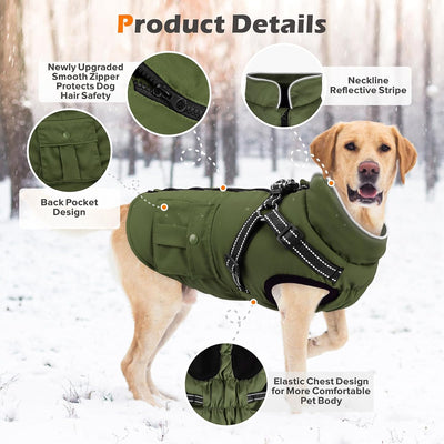 Winter Coat With Harness | Jacket Waterproof With Zipper and Fleece | Warm Dog Coat With Reflective for Small Medium Dogs (Army Green)