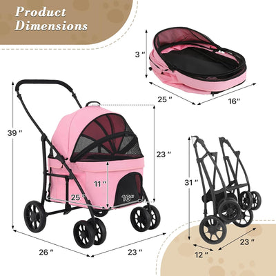 Athena collection Dog Stroller for Small/Medium Dogs,Foldable Pet Stroller with Detachable Carrier,Protable Travel Cat Stroller for 2 Cats up to 45lbs(Soft Pink)