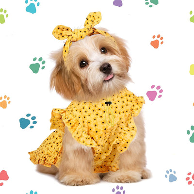 Frienda 2 Pcs Dog Dress Princess Floral Summer Puppy Dress with Bows Headband for Dog Cat Birthday Party Holiday Hawaiian Mermaid, Red and Yellow(S)