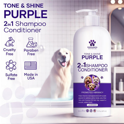 Pawganica 2-in-1 Purple Shampoo for Dogs, Supports Coat Whitening & Softness, pH-Balanced, Fur Whitening Dog Shampoo and Conditioner, Shampoo for Smelly Dogs 16 fl oz