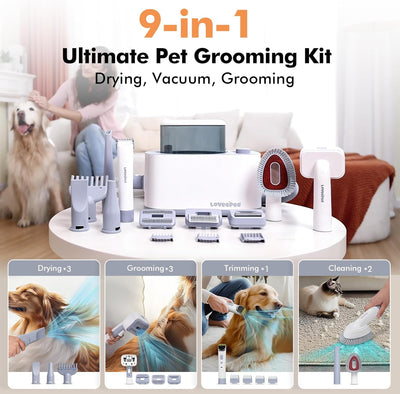 Dog Grooming Vacuum Kit, Dog Vacuum for Shedding Grooming Hair Dryer Kit, 9-in-1 Pet Brush Vacuum with Electric Pet Clippers, 21KPa Adjustable Speed & Temperature - 3L Dust Box
