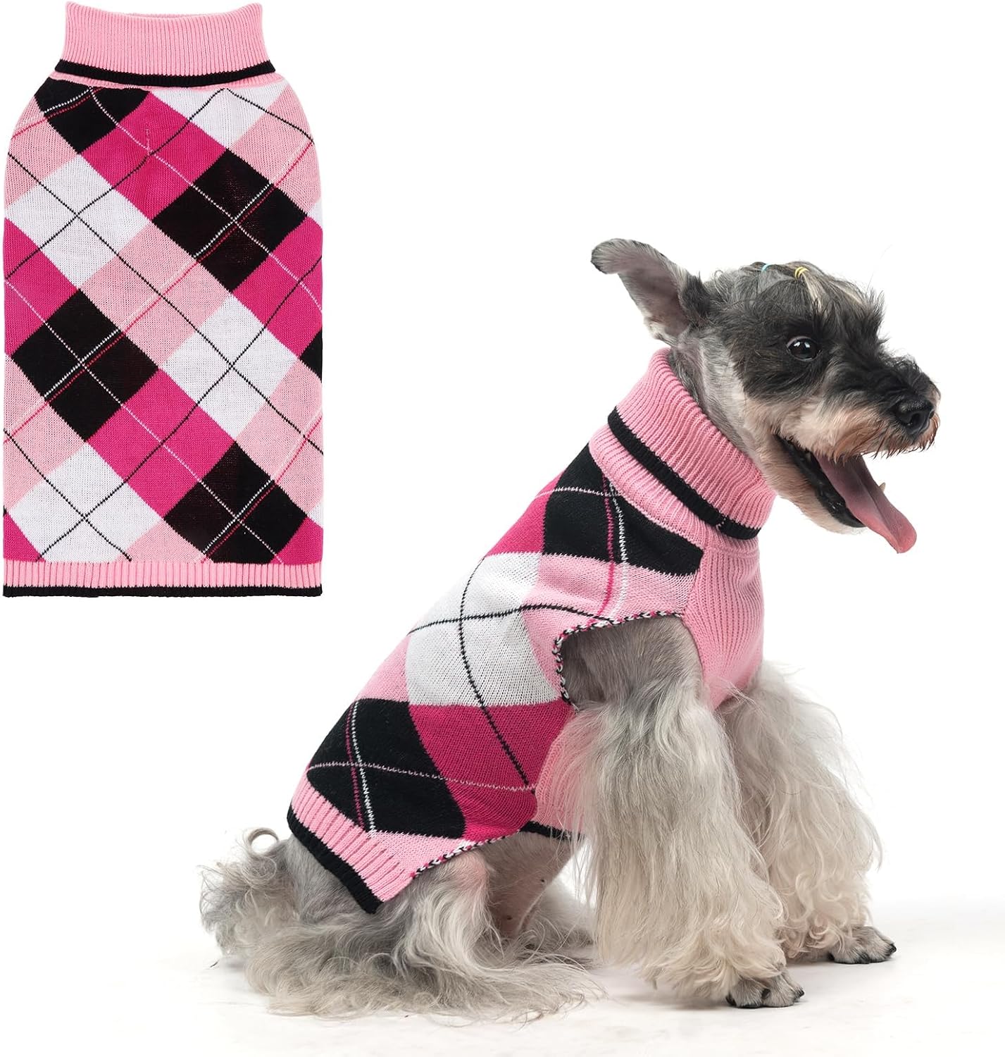 KOOLTAIL Valentine Dog Sweater Pet Knitted Clothes - Classic Pink Plaid Pullover Turtleneck Thick Warm Dog Sweaters with Leash Hole, Soft Winter Coats for Small Medium Large Dogs Cats Puppy Girls, S