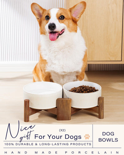 Getstar Ceramic Dog Bowls with Acacia Wood Stand, 30 fl oz, Set of 2, Dog Food Bowl, Cat Bowls (6.5 inches)