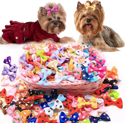 100PCS Polka Dot Puppy Bows for Small Size Dogs Girl Doggie Bows with Rubber Bands Colorful Ribbon Top Knot Bows for Pet Fur Grooming Accessories