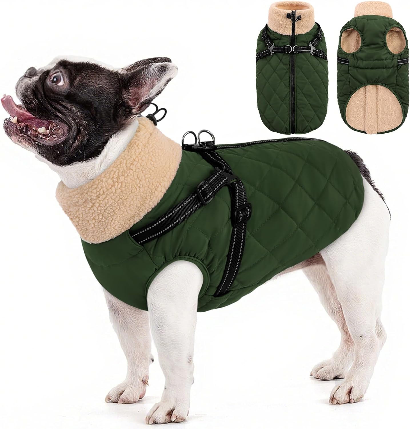 Queenmore Dog Coat, Dog Coats for Small Dogs, Doggy Winter Jacket with Zipper On Back, Waterproof Pet Jacket with Harness Built in, Pet Puffer Coat for Bichon, Schnauzer, Yorkie, Burgundy S