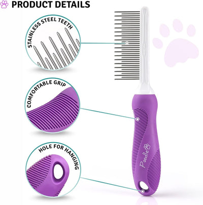 Poodle Pet - Peine desenredante para mascotas con dientes largos y cortos de acero inoxidable para eliminar la piel enmarañada, nudos y enredos. Accesorios de herramientas desenredantes para un aseo