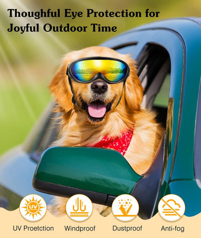 Dog Goggles Medium Large Breed, Dog Sunglasses with Adjustable Straps and Soft Sponge Pad, UV/Wind/Dust/Fog/Snow Dog Eye Protection Sunglasses for Outdoor Driving Riding, Black
