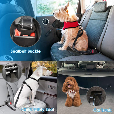 URPOWER 3-in-1 Dog Seat Belt for Car, 2 Pack Adjustable Bungee Dog Car Harness with Seatbelt Buckle & Latch Hook, Reflective & 360° Swivel Heavy Duty Pet Safety Belts for Dogs and Cats