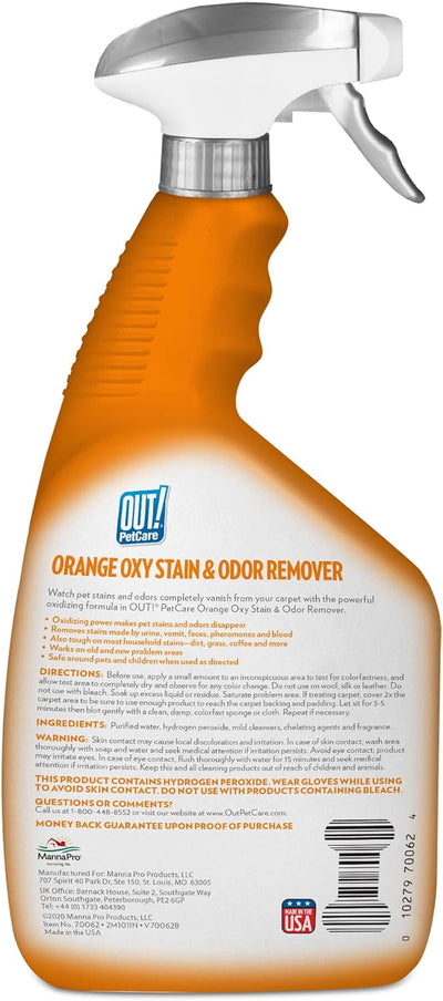 OUT! PetCare - Removedor completo de manchas Oxy, spray Oxy Orange, eliminador de manchas y olores de mascotas, limpiador de alfombras, removedor de orina y neutralizador de olores, limpiador de