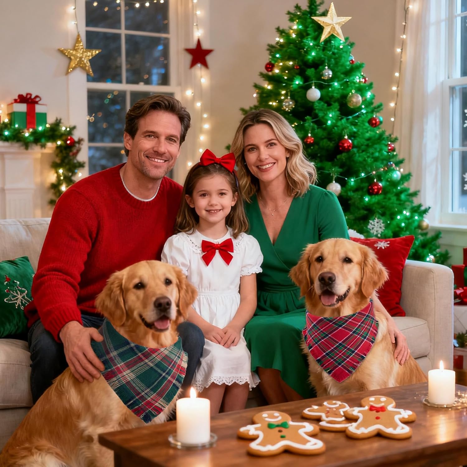 2 PCS Christmas Dog Bandanas with Tassels, Two-Sided Classic Red & Green Plaid Dog Apparel & Accessories, Trendy & Country Triangle Holiday Pet Scarf & Photo Prop for Medium, Large Dogs(Large)