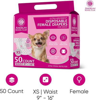 American Kennel Club Female Dog Wrap, Disposable Diapers with Wetness Indicator, X-Small, 50 Count
