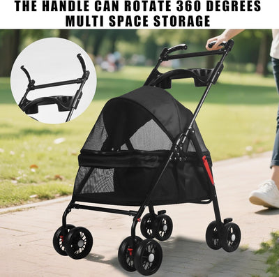 Dog Stroller for Medium Dogs 20 lbs, Foldable Dog Strollers for Small Dogs. with Storage Basket and Cup Holder. Handrail Can Rotate, 4 Wheels for Medium Small Cats (Black-B)