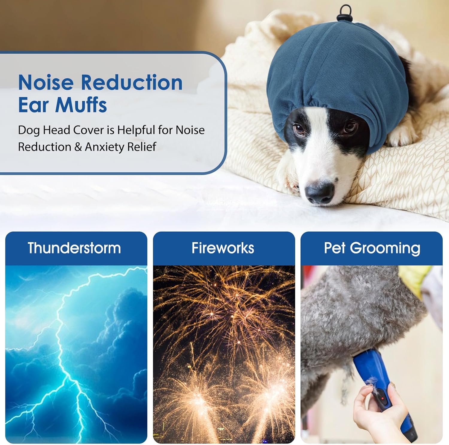SUNFURA Dog Calming Hoodie, Dog Ear Muffs Noise Protection, Ear Wrap Hematoma for Dogs, Adjustable No Shake Head Cover Anxiety Relief, Grooming, Blow Drying, Fireworks, Thunderstorms, Blue L