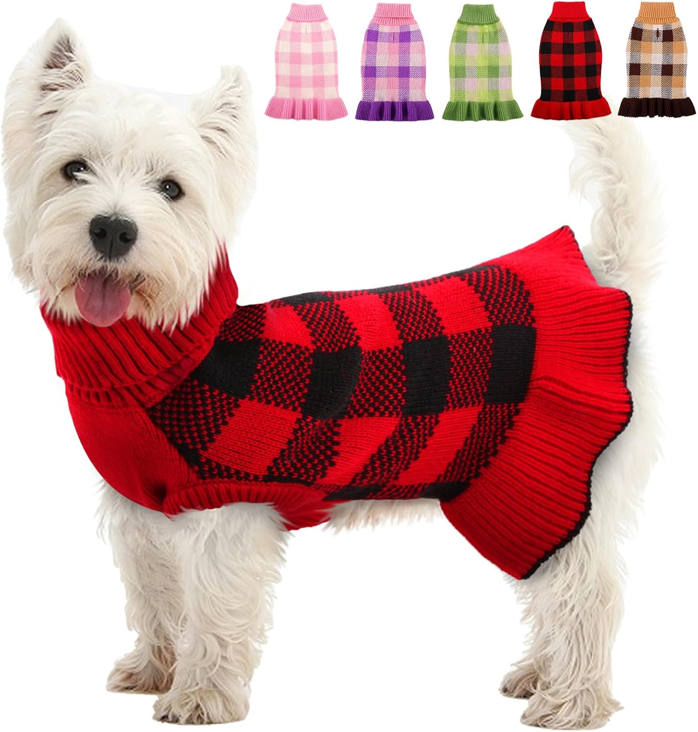 Dog Sweater Dress Plaid Knitwear for Small Medium Dogs Warm Puppy Pet Turtleneck Stretch Pullover Cute Fall Winter Vest Clothes with Leash Hole for Christmas (Pink, M)