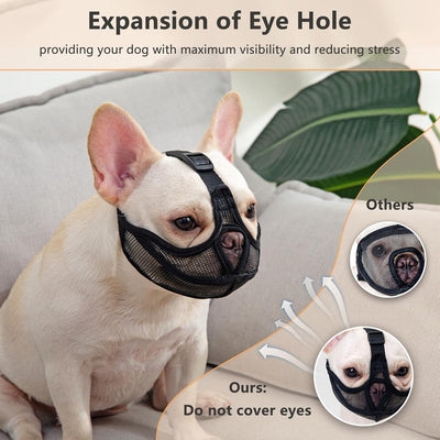 Short Snout Dog Muzzle with Soft Mesh, Breathable Won’t Cover Forehead Bulldog Muzzle, Anti Biting Chewing Barking for Small Medium Large Dogs(S,Black)