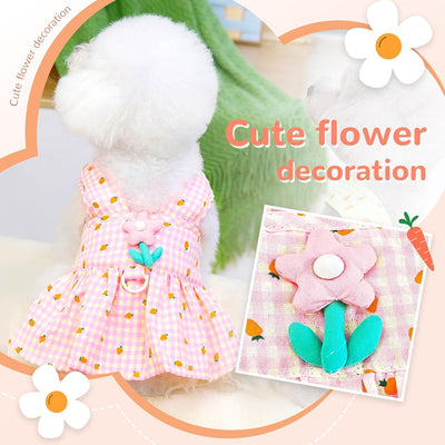 Cute Floral Small Dog Dress with D-Ring Plaid Princess Girl Dog Harness Dress Spring Summer Breathable Pet Puppy Clothes(Pink,Medium)