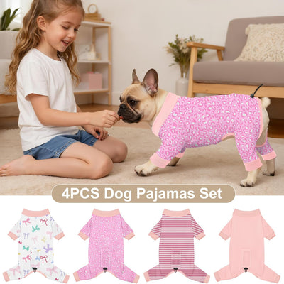 Bienbee Dog Pajamas, 4 PCS Dog Jammies Onesie Pjs Soft Stretchy Doggie Pajamas Dogs Clothes Costume for Small Medium Large Dogs Boy Girl(Pink Set)-XS