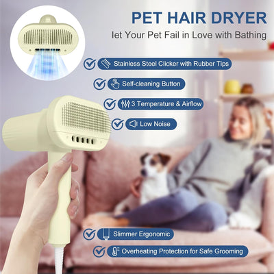L&W BROS. Quiet Pet Grooming Dryer with Brush, Adjustable Temperature, and Overheating Protection for Small Dogs and Puppies (Light Yellow)