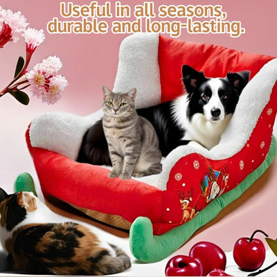 2025 New Christmas Sleigh Dog Beds,Holiday Plush Pet Bed with Synthetic Fur,Interesting Red Christmas Cat Dog Bed,Washable Durable Cozy Comfort for Indoor Outdoor Use