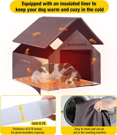 Dog House Outdoor, Insulated Dog Kennel Outside for Large Breed, 50.87" L Weatherproof Large Dog Shelter with Anti-Chewing Iron Frame (Brown-H, 50.87" D x 37.44" W x 37.2" H)