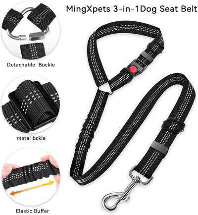 Dog Seat Belt for car, 3 Piece Set Retractable Dog Car Harness 2 Pack Adjustable Seatbelt for Dog in car, Nylon Pet Safety Seat Belts Tether Heavy Duty and Reflective car Leash, Black