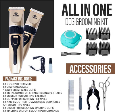 Grooming Kit for Dogs at Home - Rechargeable Low Noise Cat and Dog Shavers & Clippers for Grooming Thick Hair - Cordless Grooming Clippers Includes Pet Hair Clippers, Nail Trimmer, Shears & Bath Brush