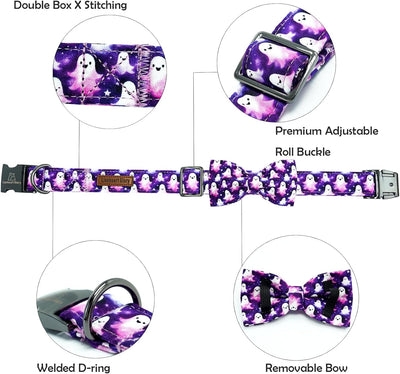 Lionheart glory Halloween Dog Collar with Bow Ghosts Fall Cute Dog Bow Collars Durable Soft Adjustable Collar for Medium Dogs Girl or Boy Pet Bowtie Collars Party