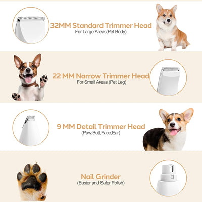 Dogs Hair Clippers Grooming Kit with Nail Grinder, 4 in 1 Cordless Electric Trimmer Low Noise USB Pet Clippers for Dogs Cat,Grooming Paws, Eyes, Ears, Face,Matted Hair