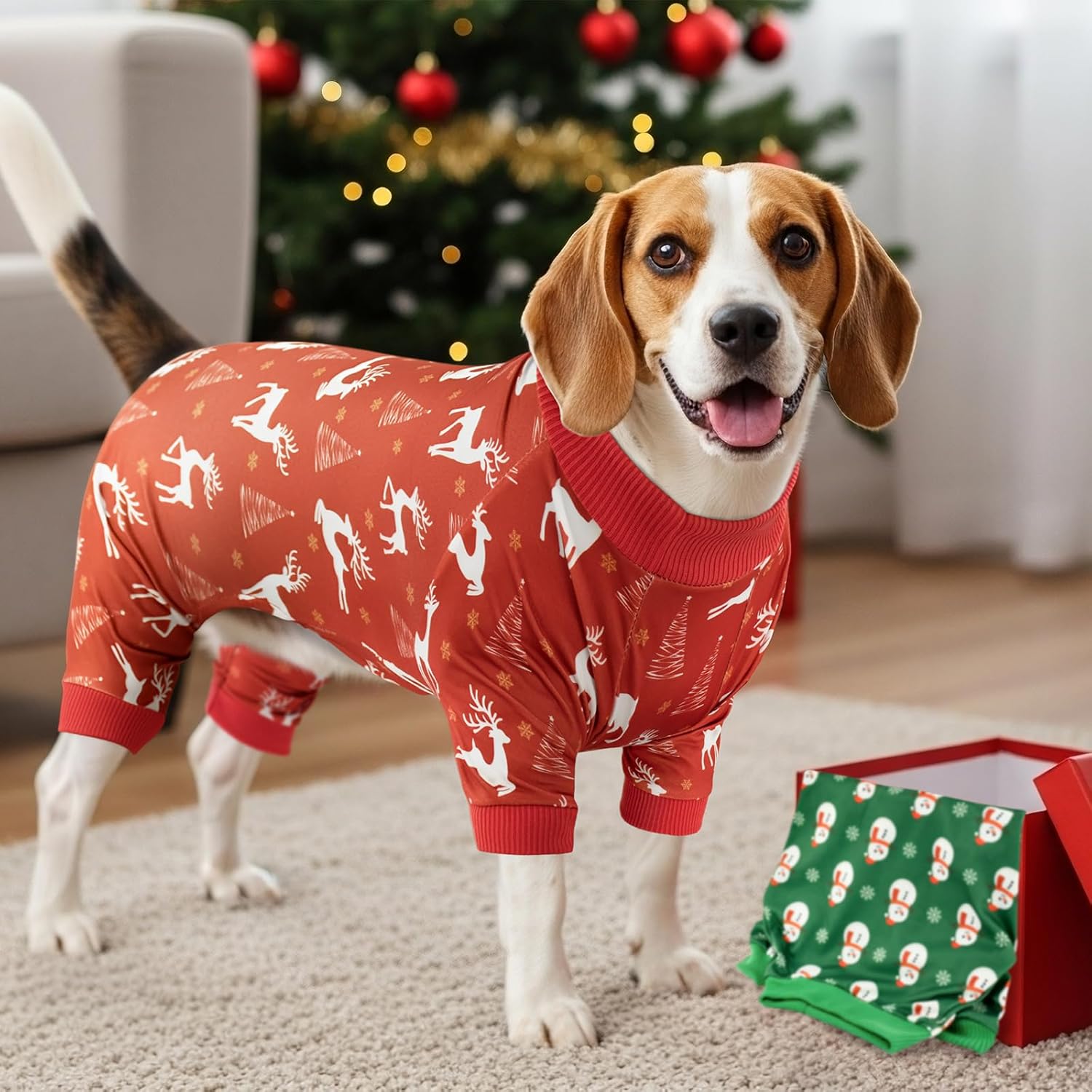 Vehomy 2-Pack Christmas Dog Pajamas Xmas Pet Pjs with Snowman Elk Patterns Christmas Dog Onesie Jumpsuits Jammies Clothes Stretchy Shirts Comfy Outfit Costume Apparel for Small Medium Large Dogs XXL