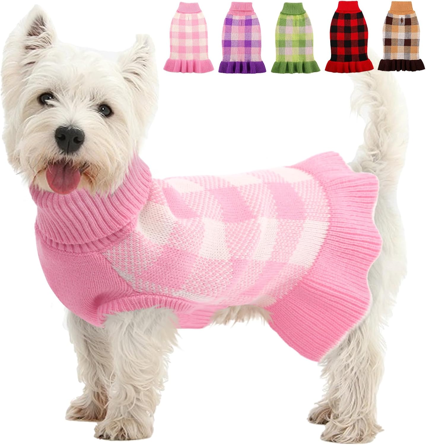 Dog Sweater Dress Plaid Knitwear for Small Medium Dogs Warm Puppy Pet Turtleneck Stretch Pullover Cute Fall Winter Vest Clothes with Leash Hole for Christmas (Pink, M)