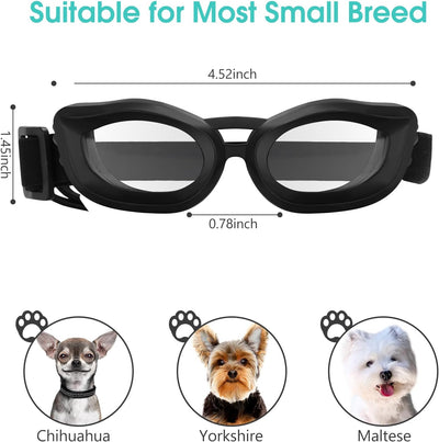 MultiOutools Small Dog Sunglasses, Dog Goggles with Adjustable Strap, UV Protection, Windproof & Anti-Fog Lenses, Black, Plastic, 2.5 inches, Small Breeds, Chihuahua, Yorkshire, Maltese