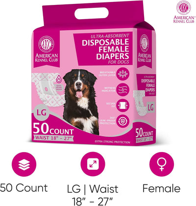 American Kennel Club Female Dog Wrap, Disposable Diapers with Wetness Indicator, Large, 50 Count
