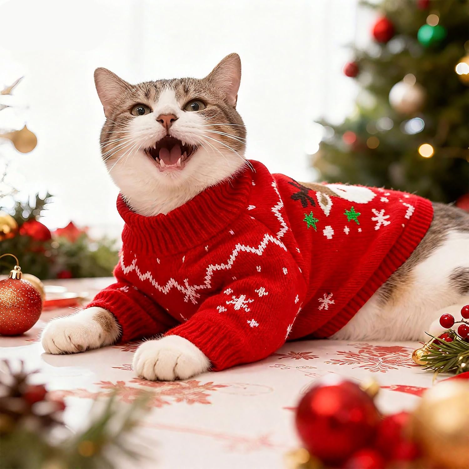 Dog Christmas Sweater Soft Warm Fall Winter Cat Clothes Puppy Sweater for Small Dogs Cute Xmas Reindeer Doggie Outfit Cat Sweaters with Sleeves Pet Holiday Costume Chihuahua Apparel(Red,M)