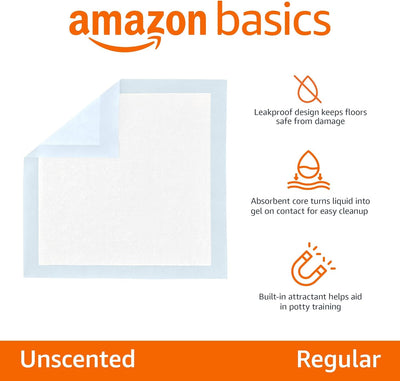 Amazon Basics Dog and Puppy Pee Pads with Leak-Proof Quick-Dry Design for Potty Training, Standard Absorbency, Regular Size, 22 x 22 Inches, Pack of 100, Blue & White