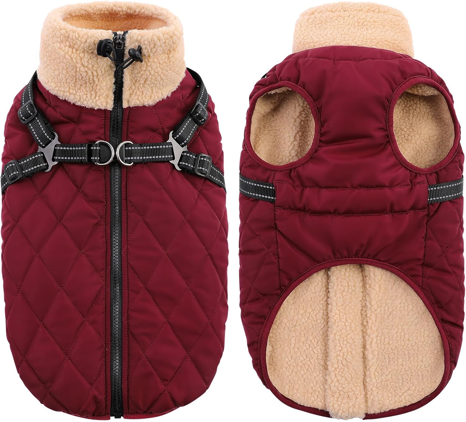 Queenmore Dog Coat, Dog Coats for Small Dogs, Doggy Winter Jacket with Zipper On Back, Waterproof Pet Jacket with Harness Built in, Pet Puffer Coat for Bichon, Schnauzer, Yorkie, Burgundy S