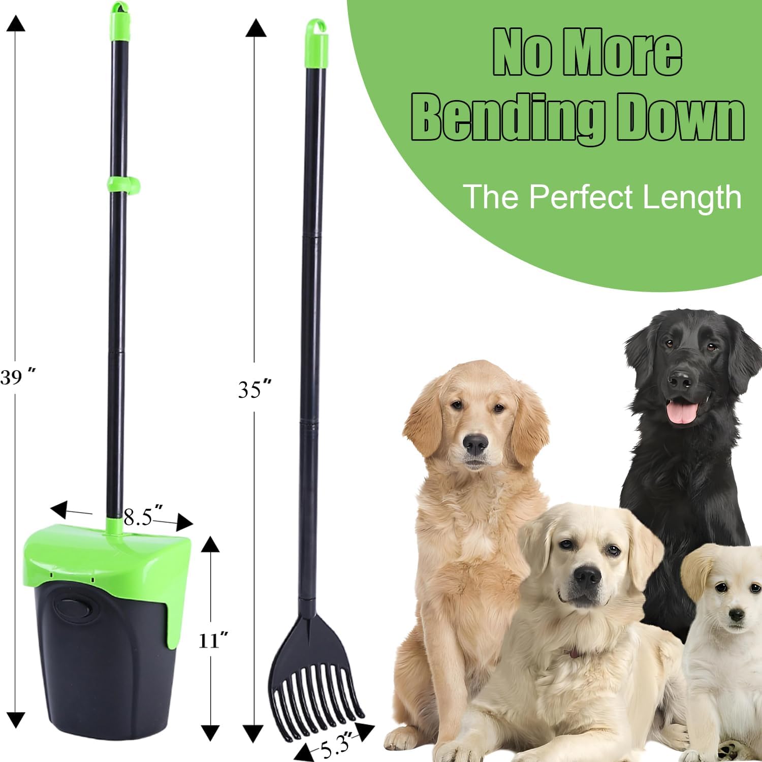 Pooper Scooper Large Swivel Bin & Rake with 160 Waste Bags,Heavy Duty Dog Pooper Scooper with Bag Attachment for Dogs, Long Handle Poop Scooper with Lid for Yard, Grass, Gravel(Green)