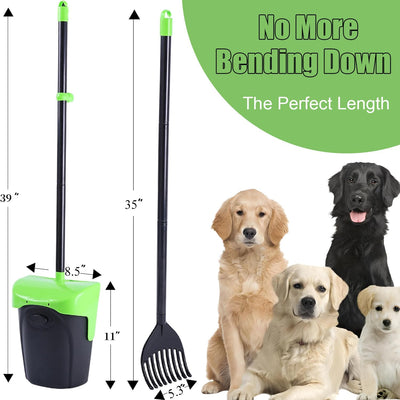 Pooper Scooper Large Swivel Bin & Rake with 160 Waste Bags,Heavy Duty Dog Pooper Scooper with Bag Attachment for Dogs, Long Handle Poop Scooper with Lid for Yard, Grass, Gravel(Green)