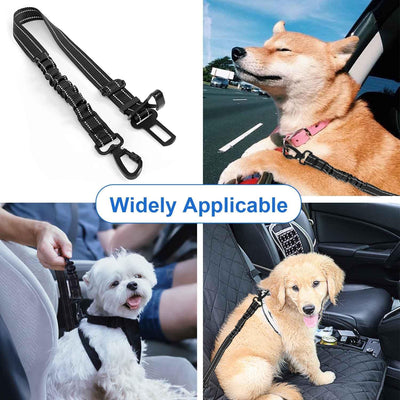 3-in-1 Dog Seat Belt for Car, Black Dog Car Harness with Clip Hook Latch & Buckle, Alloy Carabiner, 19-35 inch Dog Seatbelt Made of Nylon Reflective Bungee Fabric Tether