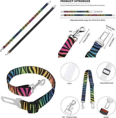 FUSURIRE Suministros para mascotas con estampado de cebra arcoíris para viajes en automóvil, collar colorido para mascotas para perros y gatos con arnés de cinturón de seguridad para mascotas para automóvil